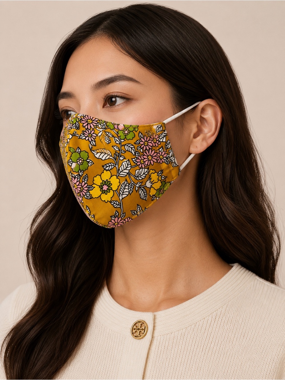 New Tory Burch Floral Face Mask with Adjustable Ear Loops